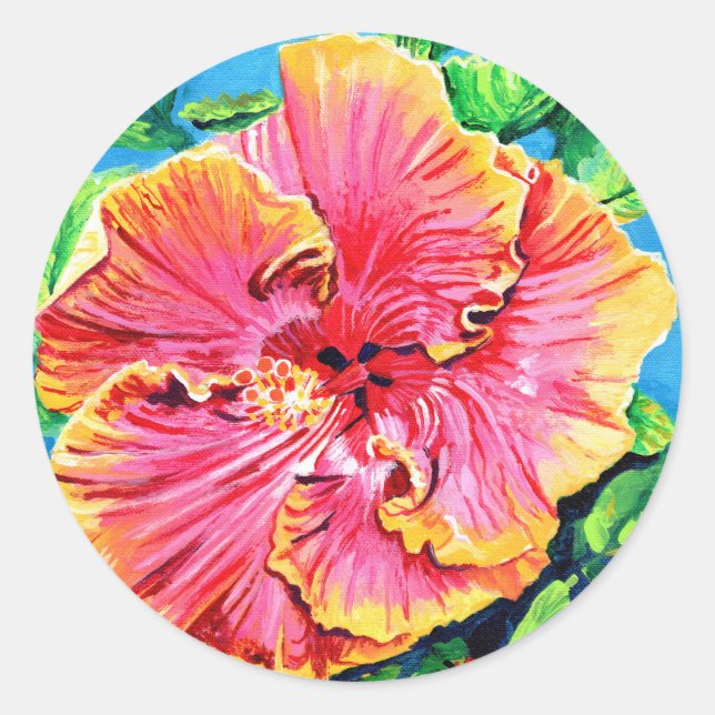 Sticker Rond Aloha Hibiscus Rouge rose Fleur Hawaïenne (Devant)