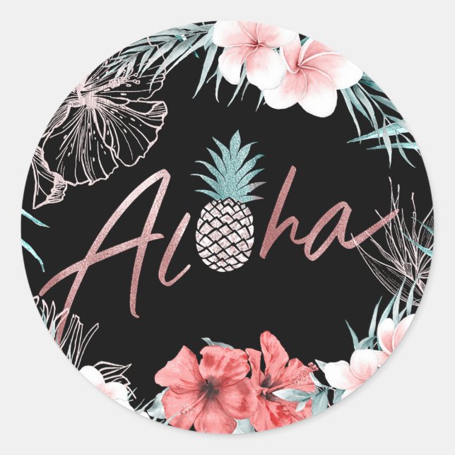 Sticker Rond Aloha Luau Botanique Aloha rose Gold Tropical (Devant)