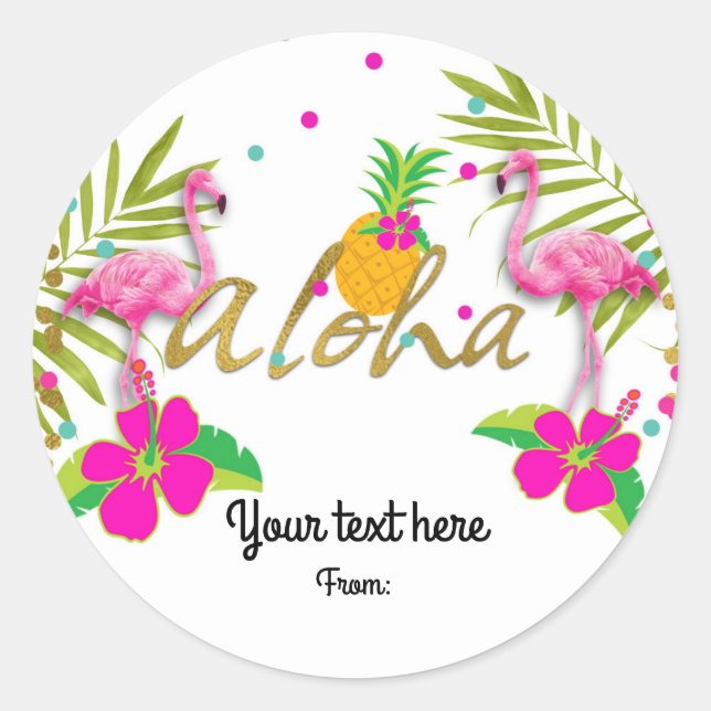 Sticker Rond Aloha Luau Filles Flamant rose tropical Favoriser (Devant)