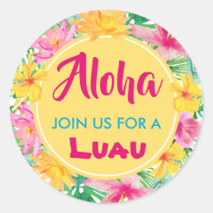 Sticker Rond Aloha Luau Hibiscus Tropical Jaune