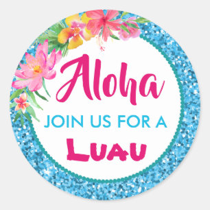 Sticker Rond Aloha Luau Parties scintillant Bleue Hibiscus Trop