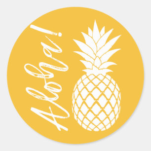 Sticker Rond Aloha Pineapple Beach Mariage Luau   blanc jaune