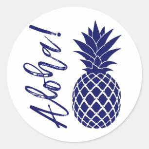 Sticker Rond Aloha Pineapple Beach Mariage Luau   blanc marine