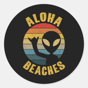 Sticker Rond Aloha Plages Funny Retro Hawaii Shaka Alien Hawai