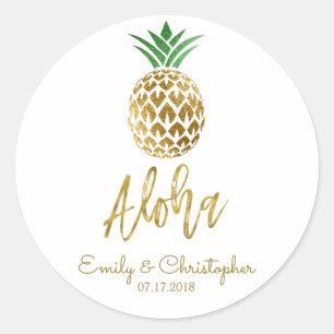 Sticker Rond Aloha Tropical Hawaiian Mariage Ananas Blanc