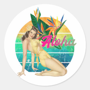 Sticker Rond Aloha Tropical Pin-up girl retro sunset art 