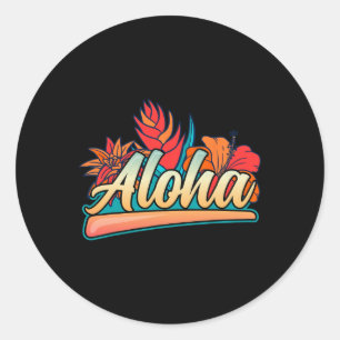 Sticker Rond Aloha vacances à Hawaii surf plage tropicale hibis
