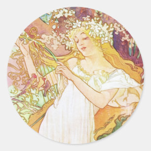 Sticker Rond Alpha Mucha Spring Floral Vintage Art nouveau