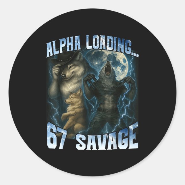 Sticker Rond Alpha Wolf Loading 67 Percent Savage Funny Wolves  (Devant)