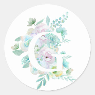 Sticker Rond alphabet botanique G fleurs vertes et violettes