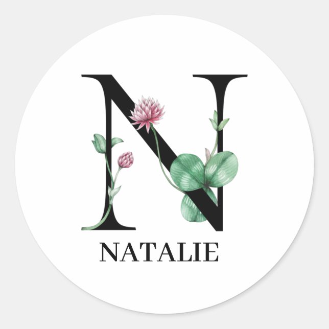 Sticker Rond Alphabet Floral Personnalisé N Monogramme (Devant)