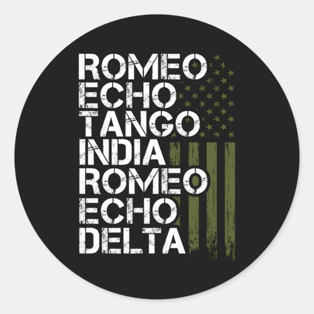 Sticker Rond Alphabet phonétique militaire retraité (Devant)