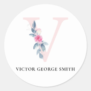 STICKER ROND ALPHABÈTES FLORAUX BLEUS DOUX NOM LETTRE V