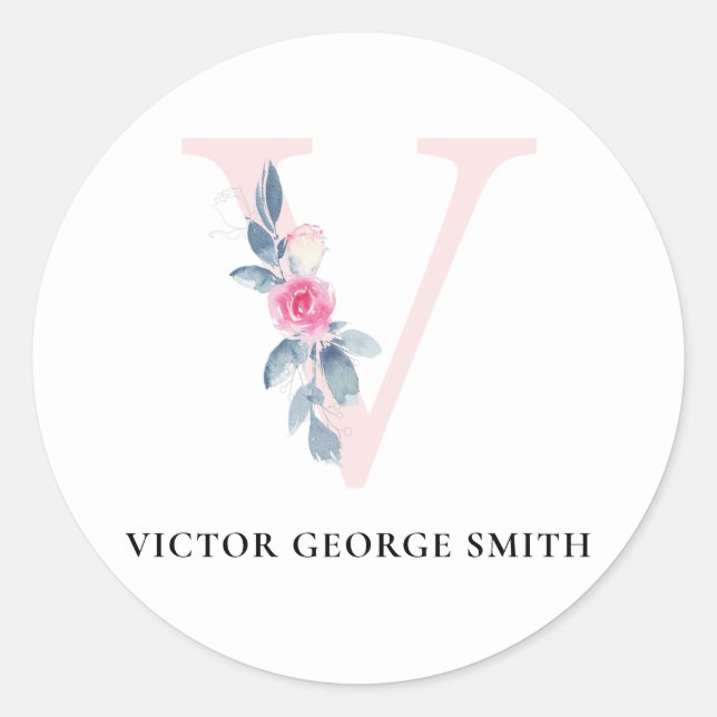 STICKER ROND ALPHABÈTES FLORAUX BLEUS DOUX NOM LETTRE V (Devant)
