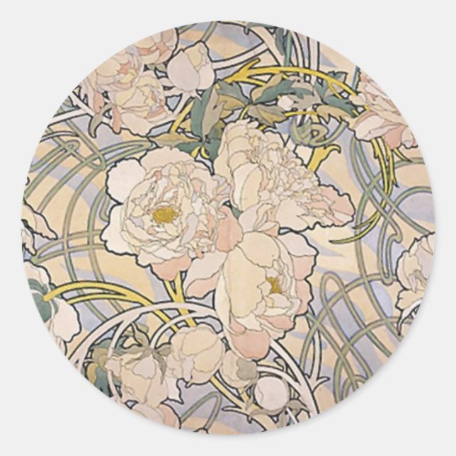 Sticker Rond Alphones ( Alfons ) Mucha ~ Fleurs (Devant)
