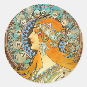 Sticker Rond Alphonse Mucha Art Nouveau Zodiac