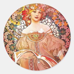 Sticker Rond Alphonse Mucha Daydream Floral Vintage Art Nouveau