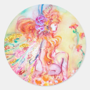 Sticker Rond ALTHEA /Fée Whimsical sur la Fleur Rose