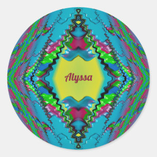 Sticker Rond ALYSSA ~ Noir rose bleu et jaune fractal ~