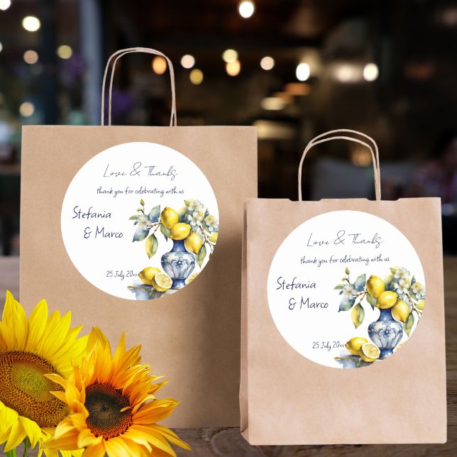 Sticker Rond Amalfi Italien bleu tuiles citrons mariage faveurs (Amalfi Italian blue tiles lemons wedding favors template thank you favor Sticker)