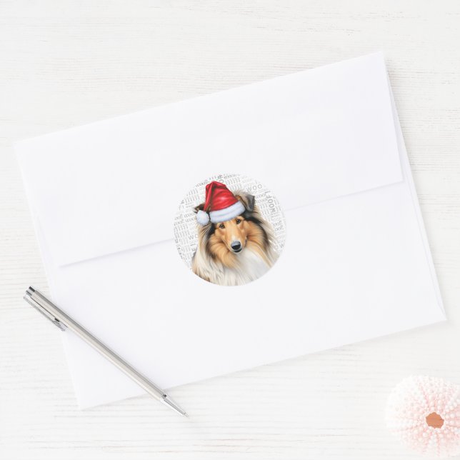 Sticker Rond Amant chien de Noël Rough Collie (Enveloppe)
