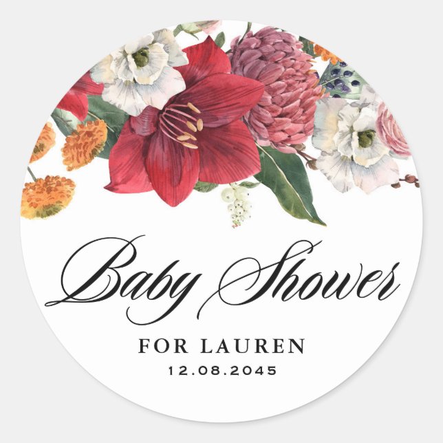 Sticker Rond Amaryllis et Chrysanthemums Baby shower floral (Devant)
