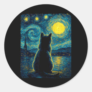 Sticker Rond Amateur de chats noirs Nuit étoilée Vincent Van Go