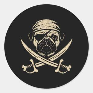 Sticker Rond Amateur de chien os croisés Pug Pirate Vintage