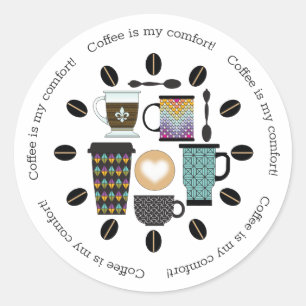 Sticker Rond Amateurs de café Mugs, tasses et haricots Motif