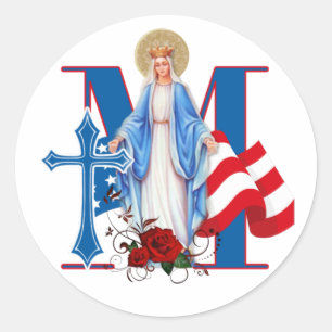 STICKER ROND AMÉRICAIN FLAG VIRGIN MARY ROSES RELIGIEUX