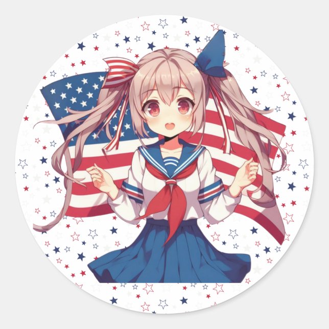 Sticker Rond Américaine patriotique fille d'anime (Devant)