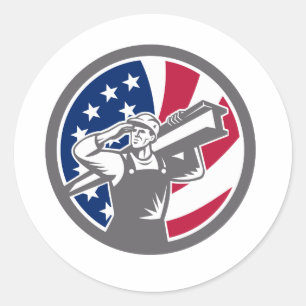 Sticker Rond American Construction Worker USA - Icône drapeau