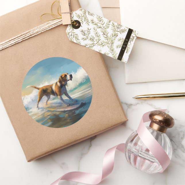 Sticker Rond American Engligh Foxhound Beach Surfing Paining (Cadeaux)