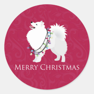Sticker Rond American Eskimo Chien Joyeux Noël Design