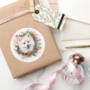 Sticker Rond American Eskimo Christmas Wreath Festive Pup