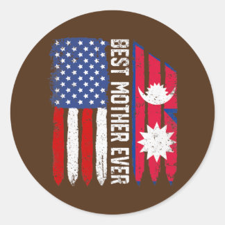 Sticker Rond American Flag Nepal Flag Best Mother Ever