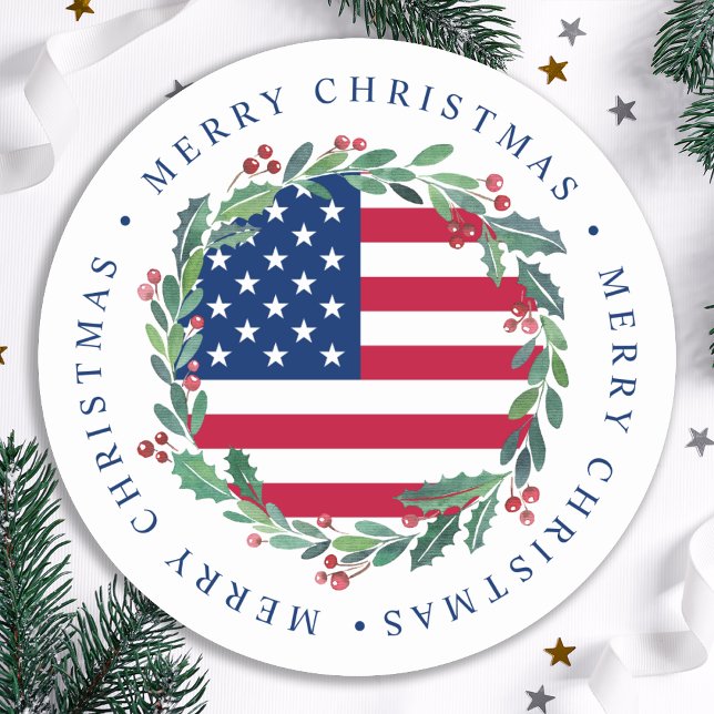 Sticker Rond American Flag Patriotic Christmas Wreath Classic (Créateur téléchargé)