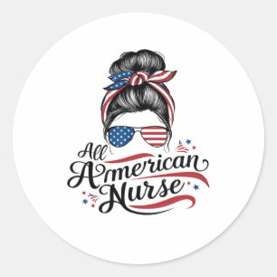 Sticker Rond American Flag Patriotique Nurse Messy Bun 4 Juil