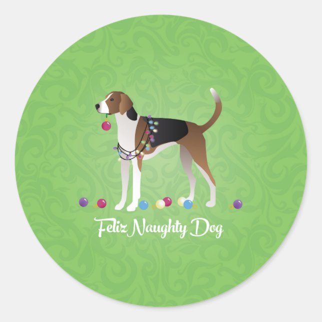 Sticker Rond American Foxhound Feliz Naughty Dog Christmas (Devant)