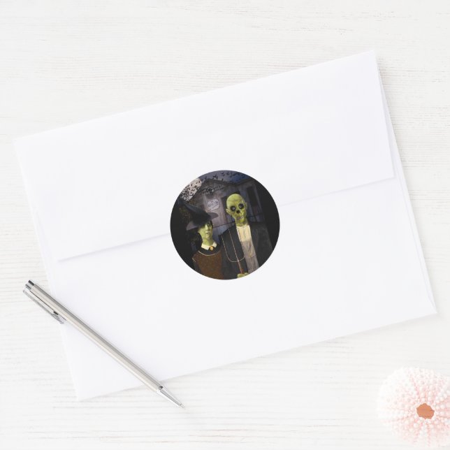 Sticker Rond American Gothic Halloween Haunted House (Enveloppe)