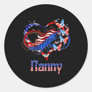 Sticker Rond American Nanny Heart Butterlfies Patriotic 4th Of