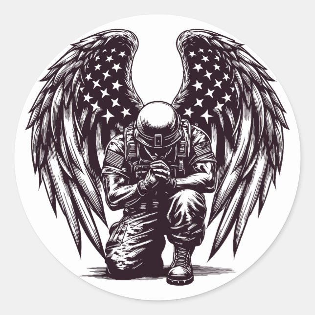 Sticker Rond American Soldier Angel Prier USA Drapeau Art (Devant)