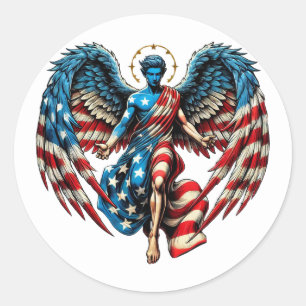 Sticker Rond American USA Flag Angel Man Patriotic Art