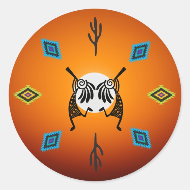 Sticker Rond Amérindien Kokopelli Sun Southwestern (Devant)