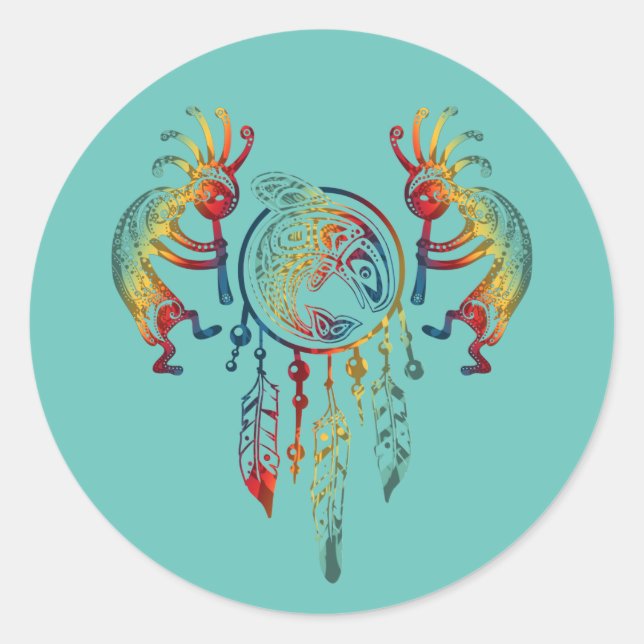 Sticker Rond Amérindien Kokopelli Whale Dreamcatcher 1 (Devant)