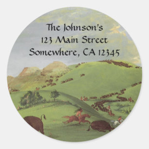 Sticker Rond Amérindiens vintages, chasse à Buffalo par Catlin