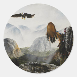 Sticker Rond Ami bienvenu de Painting~ de Natif américain
