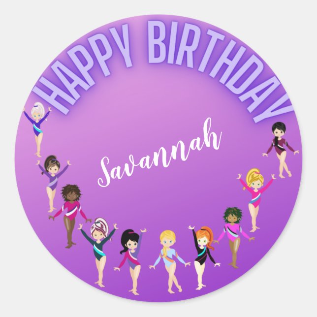 Sticker Rond Amis de gymnastique "Joyeux Anniversaire" Purple O (Devant)