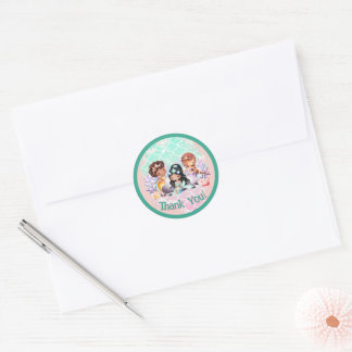 Sticker Rond Amis sirènes rose sarcelle sous la mer Merci