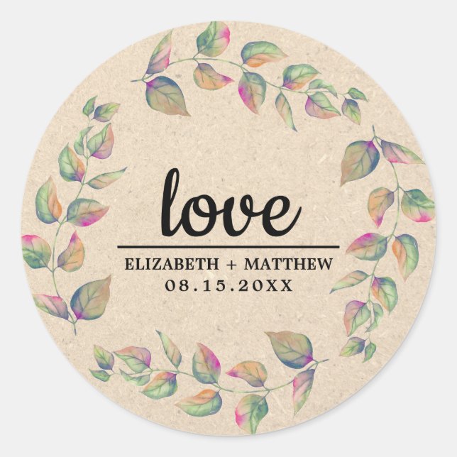 Sticker Rond Amour. Branches d'aquarelle papier Mariage Kraft (Devant)